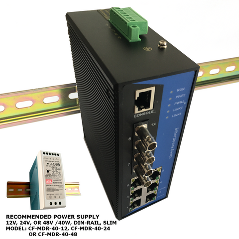 8-Port Managed Ethernet Switch / Redundant-Ring Fiber Optic Converter  (Industrial / Multi-Mode / ST)