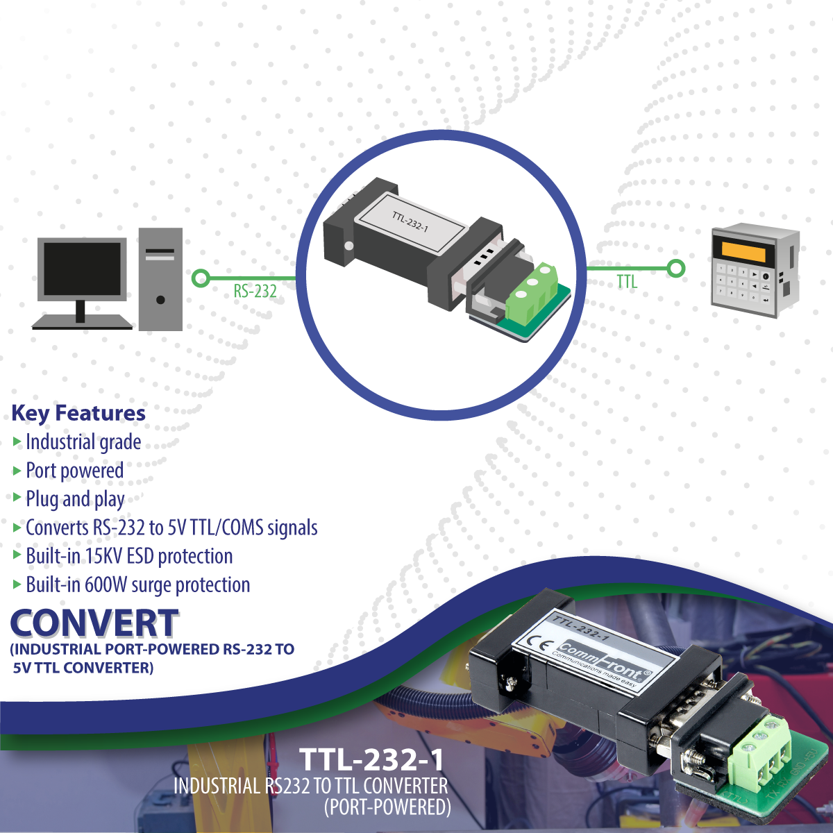 RS232 to TTL Converter / Adapter (Industrial / Port-Powered) – CommFront