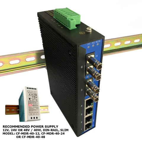 6-Port Industrial Unmanaged Switch with ST fiber optic connectors